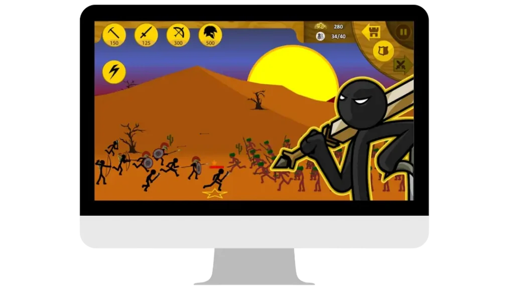 Stick War Legacy Classic Skin warrior shown on PC monitor during gameplay