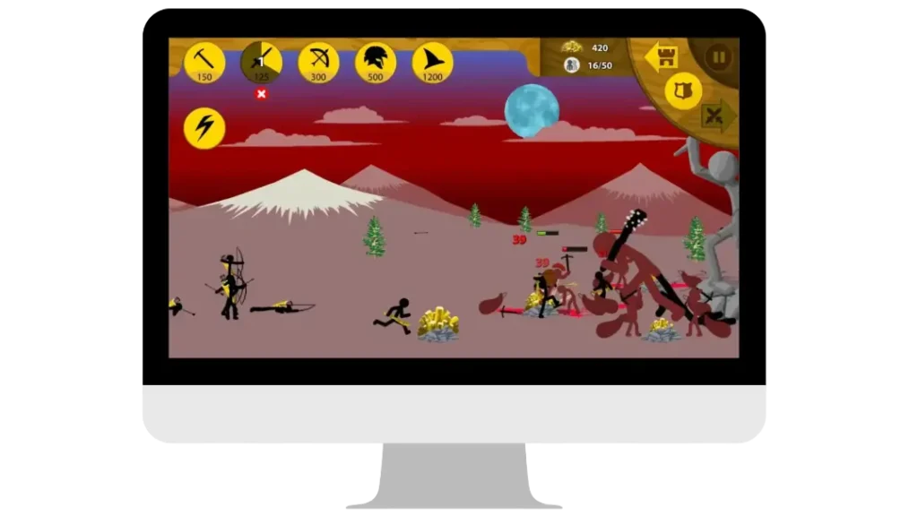 Stick War Legacy enemy boss battle shown on PC monitor during gameplay