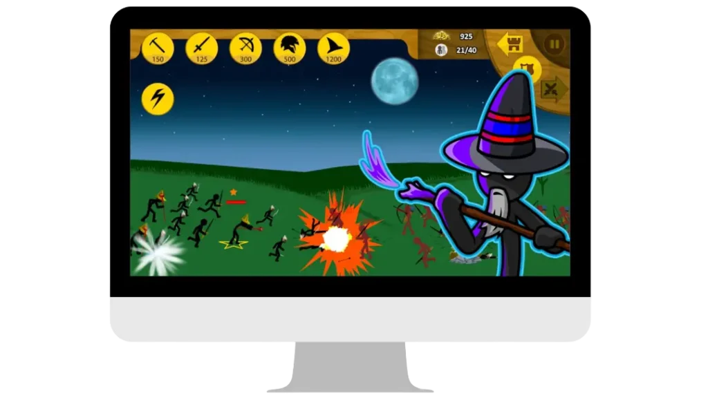 Magikill Wizard casting spell in Stick War Legacy PC gameplay on monitor screen