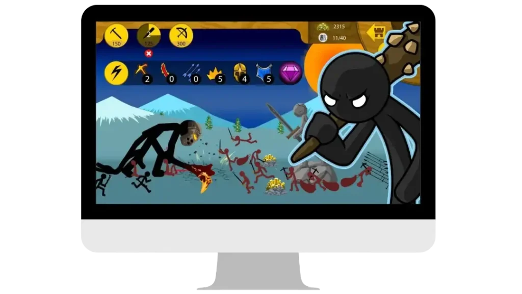 Stick War Legacy Lava Skin warrior shown on computer monitor during gameplay