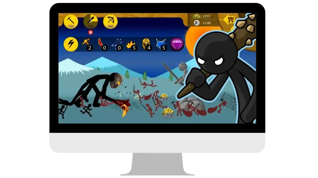 Stick War Legacy for PC showing intense battle scene on monitor screen
