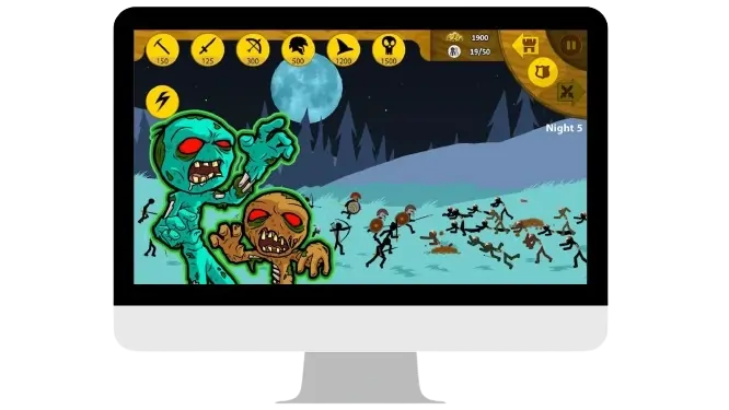 Stick War Legacy PC gameplay showing Zombie Survival Mode on monitor screen