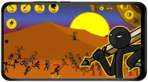 Stick War Legacy Mod APK gameplay with Swordwrath and Speartons in action during intense battle