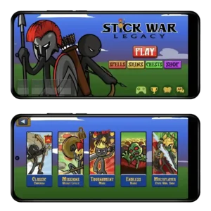 Stick War Legacy Mod APK start screen displaying various unlocked game modes like Campaign, Endless Dead, and Tournament