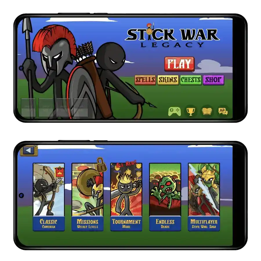 How We Test APK Files 3 Stick War Legacy Mod APK start screen displaying various unlocked game modes like Campaign, Endless Dead, and Tournament