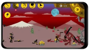 Stick War Legacy Mod APK gameplay showing intense battle against enemy boss character