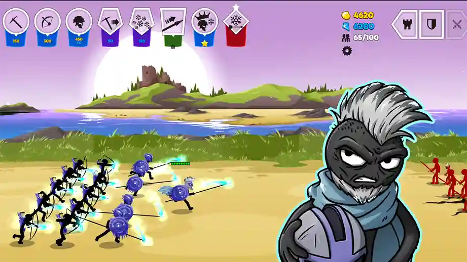 Battle scene with animated characters from stick war saga mod apk