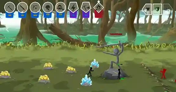 Stick figures battling in a forest