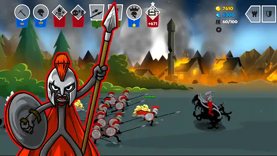 stick war saga mod apk Battle scene with warriors and monsters