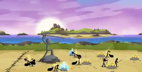 Stick figures battling on sandy shore.