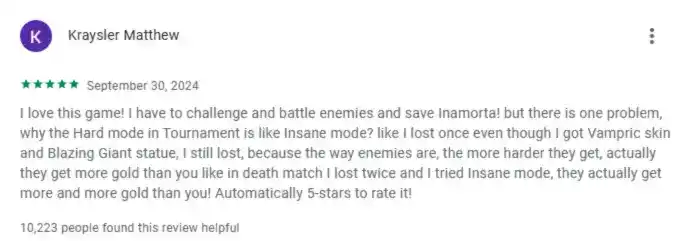 User review about game difficulty