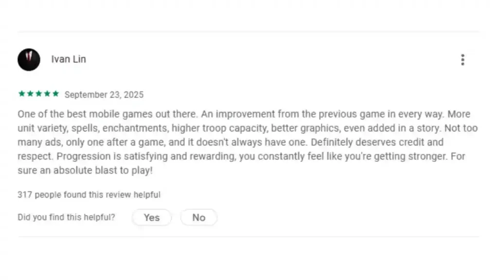 Positive review of mobile game