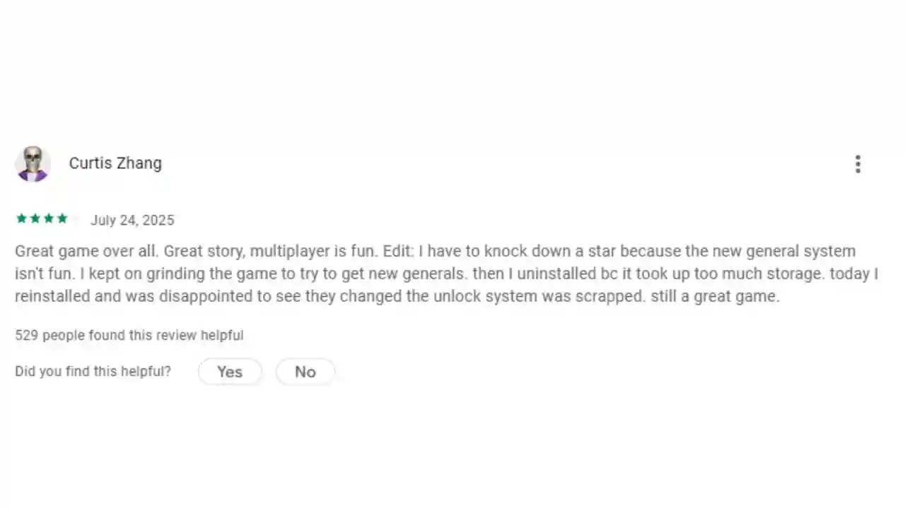 User review about a game experience.