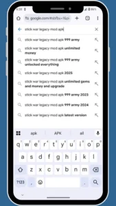 user typing "stick war legacy mod apk" on google.com and searching