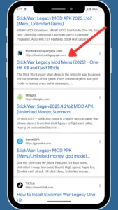 screen showing thestickwarlagacyapk.com for downloading stick war legacy mod apk