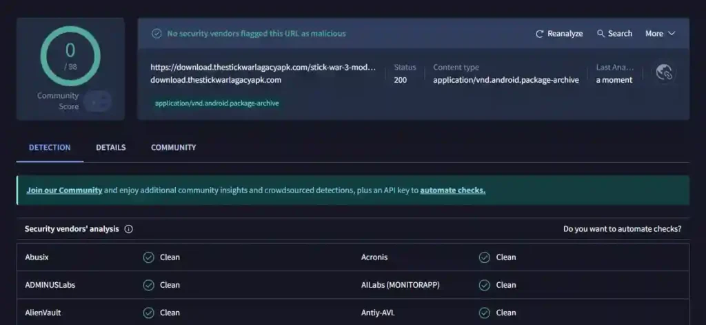 VirusTotal scan results for stick war saga mod apk download file
