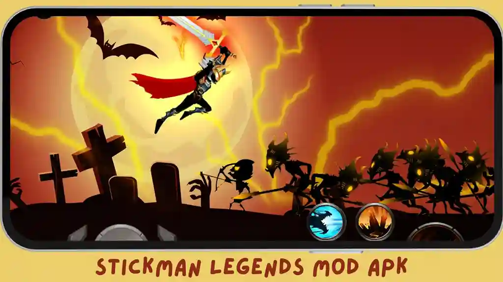 Stickman Legends Mod APK - Mega Menu 7 Stickman fighting monsters under moonlight in Stickman Legends Mod APK