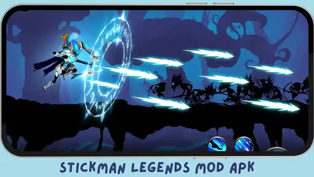 Stickman Legends Mod APK - Mega Menu 1 Stickman Legends Mod APK gameplay showing stickman fighting shadow enemies