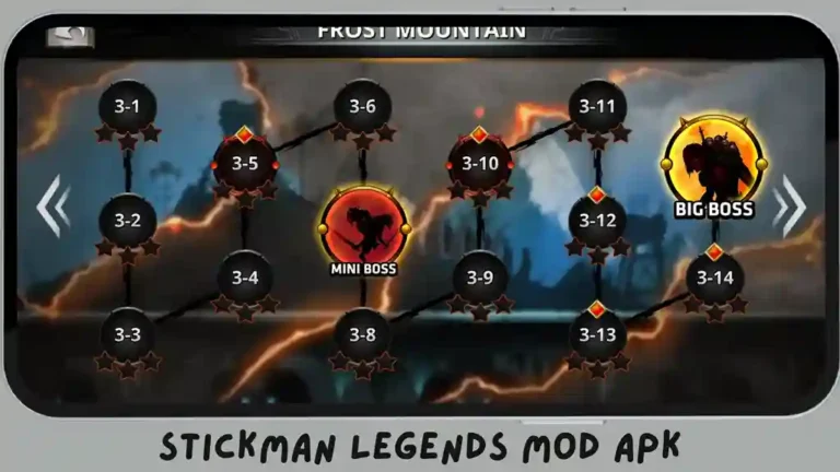 Stickman Legends Mod APK - Mega Menu 18 Game level map with bosses highlighted