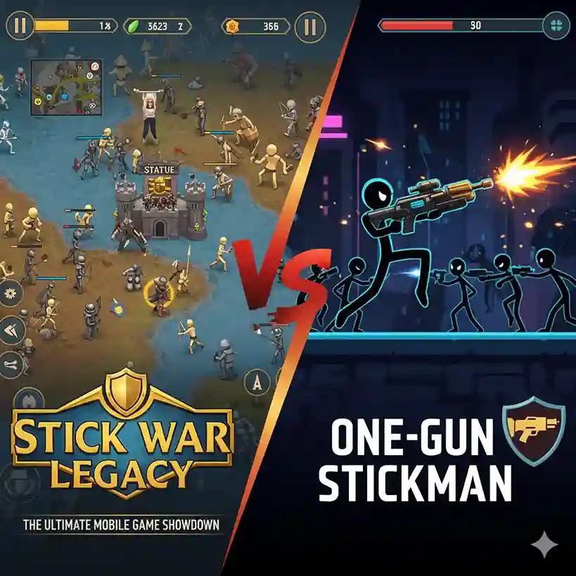 Stick War: Legacy vs One Gun: Stickman 1 Comparison infographic: Stick War Legacy vs One Gun Stickman gameplay