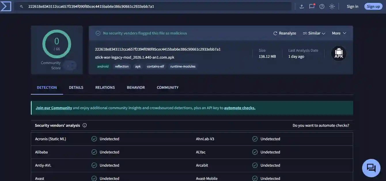 Virustotal scan result for v2026.1.440 showing 0/66 errors.