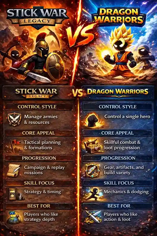 infographics stickwar legacy vs super stickman dragon warriors