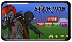 Stick War Legacy Mod APK start screen showing game menu with characters and options visible
