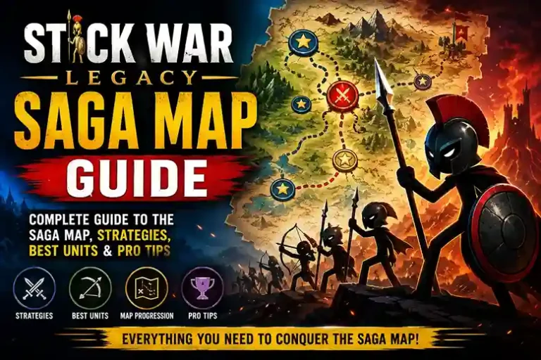Stick War Legacy Saga Map Guide & Best Strategies 1 Stick War Legacy Saga Map Guide cover image featuring warrior units, strategic world map progression, battle routes, and advanced gameplay tactics for mastering Saga mode in Stick War Legacy.