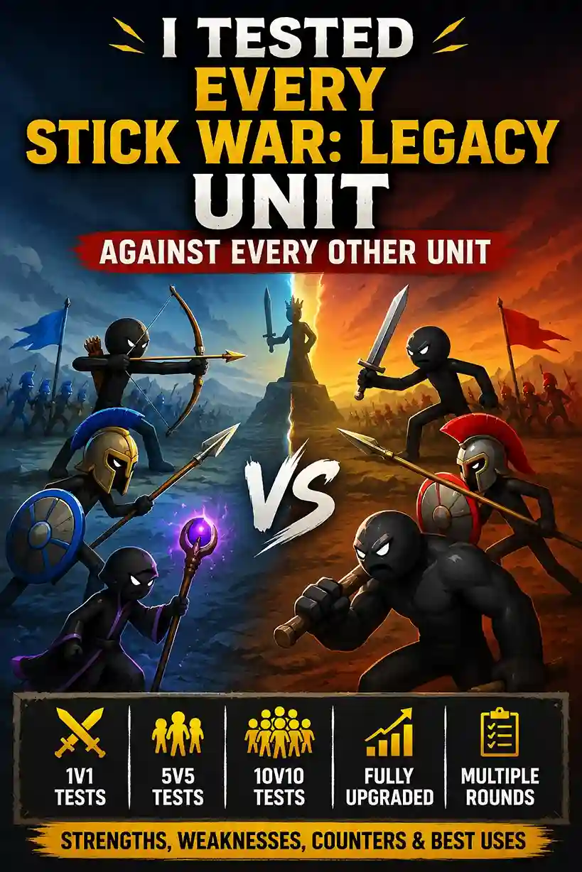 I Tested Every Stick War: Legacy Unit Against Every Other Unit 1 Stick War: Legacy unit comparison testing graphic showing Swordwrath, Archidon, Spearton, Magikill, and Giant units in a 1v1 battle with 5v5, 10v10, fully upgraded, and multiple-round tests.