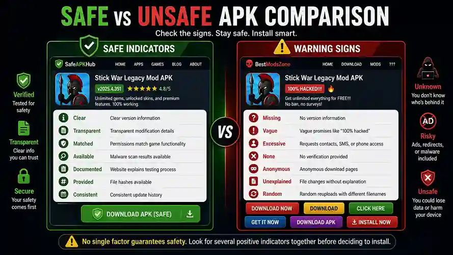 Is Unlimited Money Mod Safe? A Practical Safety Guide for Stick War Legacy Players 4 Safe APK download page compared to an unsafe download page with warning signs